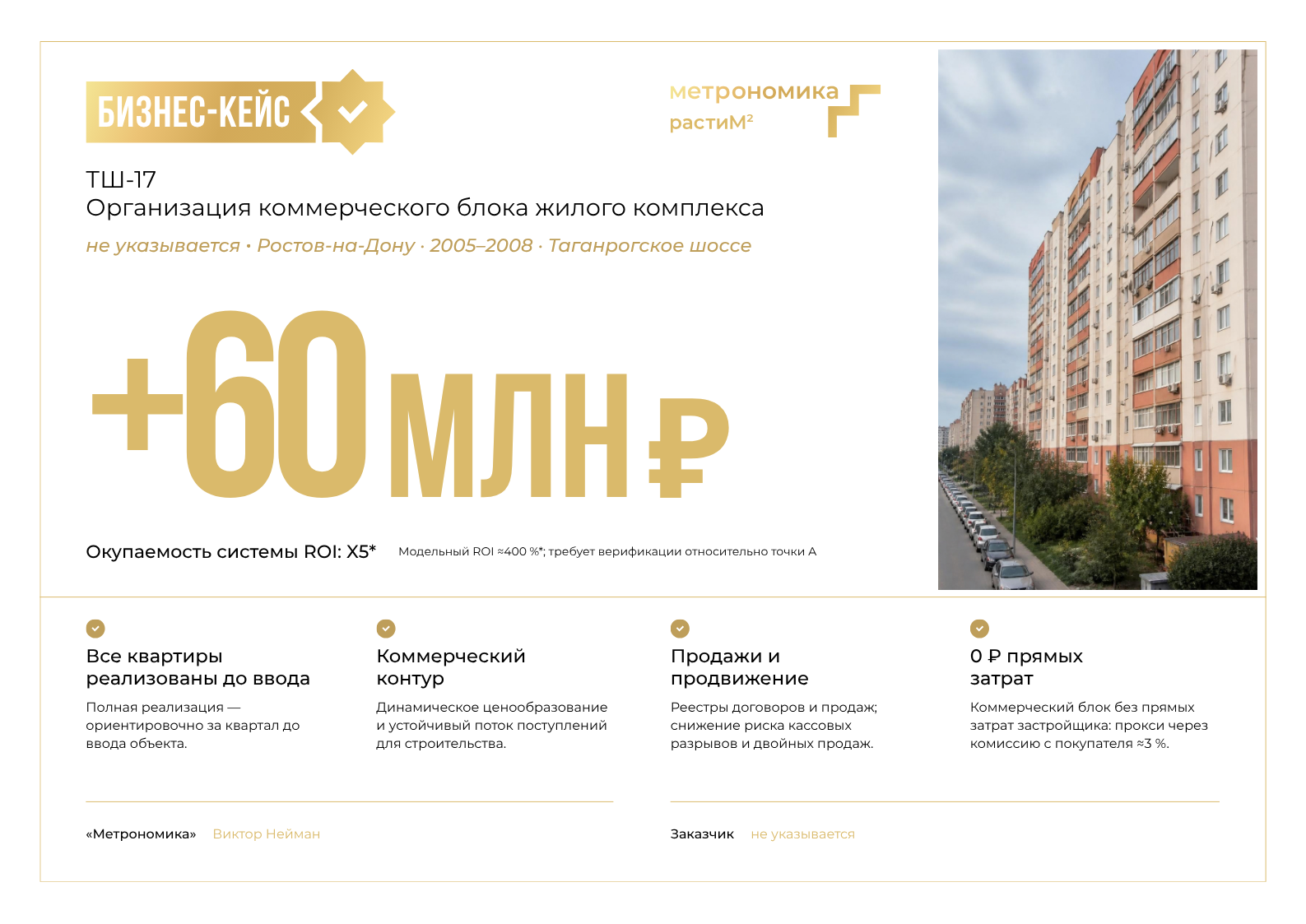 Титул бизнес-кейса ТШ-17: плюс 60 млн рублей, окупаемость системы ROI X5, атмосферный визуал жилого комплекса; не архивное фото объекта.